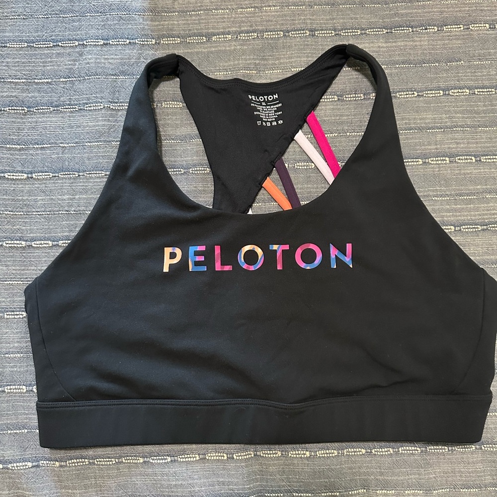 Peloton Black Racerback Sports Bra with Colorful Logo